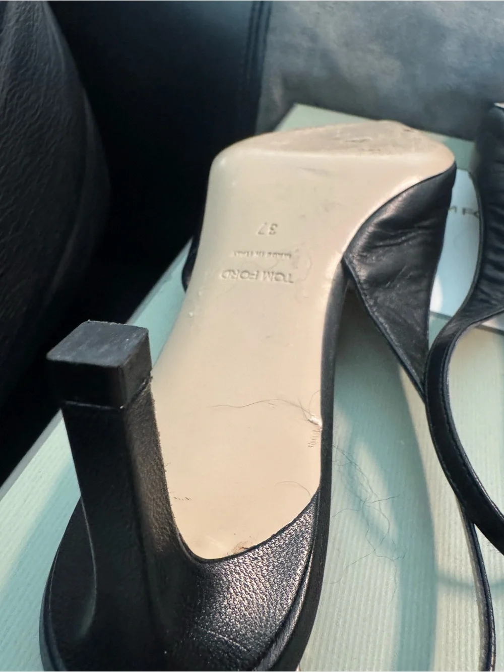 Tom Ford Black Leather Pointed Slingback Heels with Gold Buckle